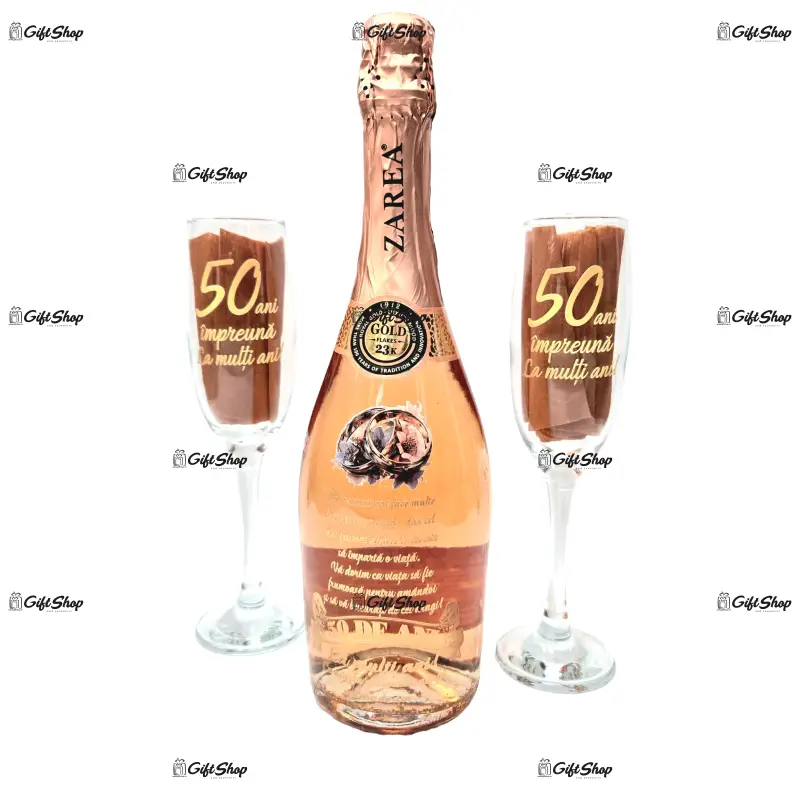 Pachet pentru cadou zarea ceremony, rose royal gold 23k, alb 0.75l cu 2 pahare personalizat